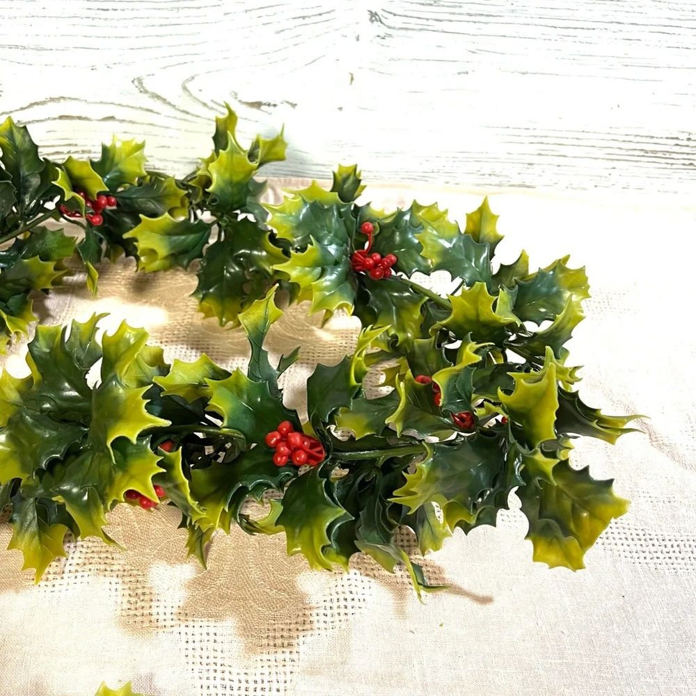 Vintage Christmas garland plastic green red holly decor retro craft